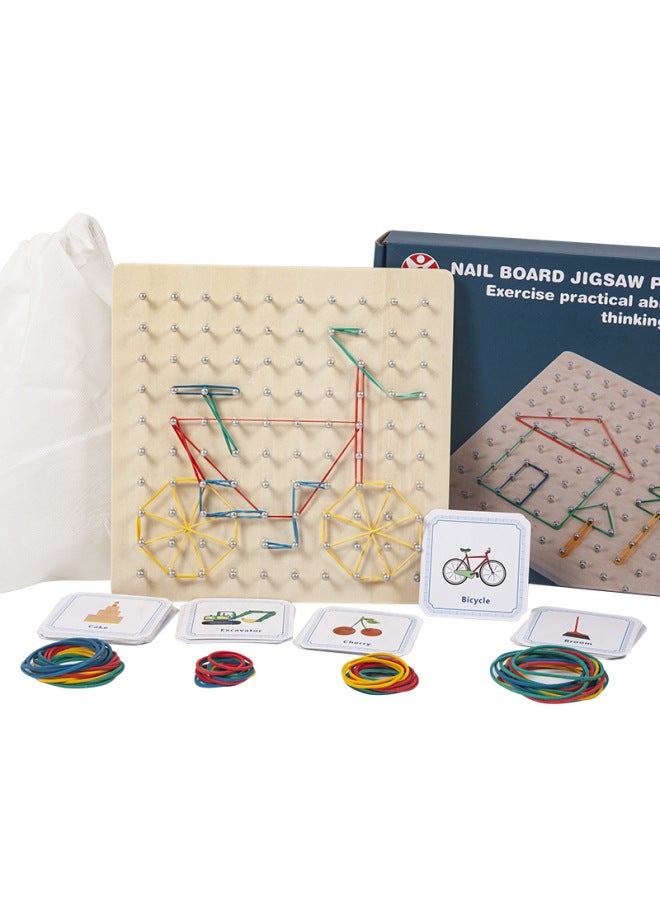 Wooden Geometric Shape Rubber Band Nail Board Puzzle Toys Children's Early Education Educational Fun Changeable Figure Montessori Teaching Aids-Color:22 Nail Board Puzzle - Image 1