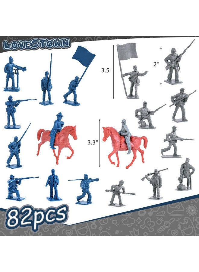LovesTown 82PCS Civil War Solider Toys, 40 Blue and 40 Gray Uniform Action Figures Plastic Toy Soldier with Rideable Horses for Kids Birthday History Class - Image 2