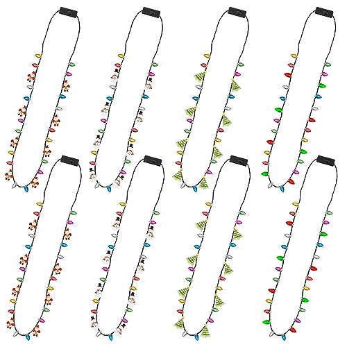 EOBOH Christmas Light Necklace 8pcs Light up Christmas Necklaces Party Favors 4 Kinds Glow Bulb Christmas Tree Santa Candy Cane Necklaces 3 Modes Colorful Ugly Christmas Xmas New Year Eve Party Supplies - Image 1