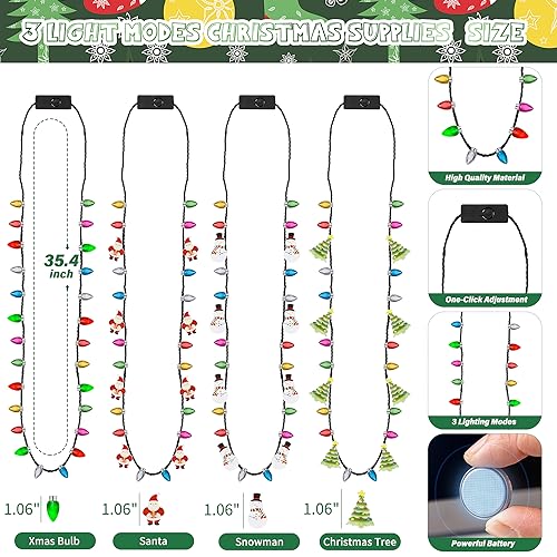 EOBOH Christmas Light Necklace 8pcs Light up Christmas Necklaces Party Favors 4 Kinds Glow Bulb Christmas Tree Santa Candy Cane Necklaces 3 Modes Colorful Ugly Christmas Xmas New Year Eve Party Supplies - Image 5