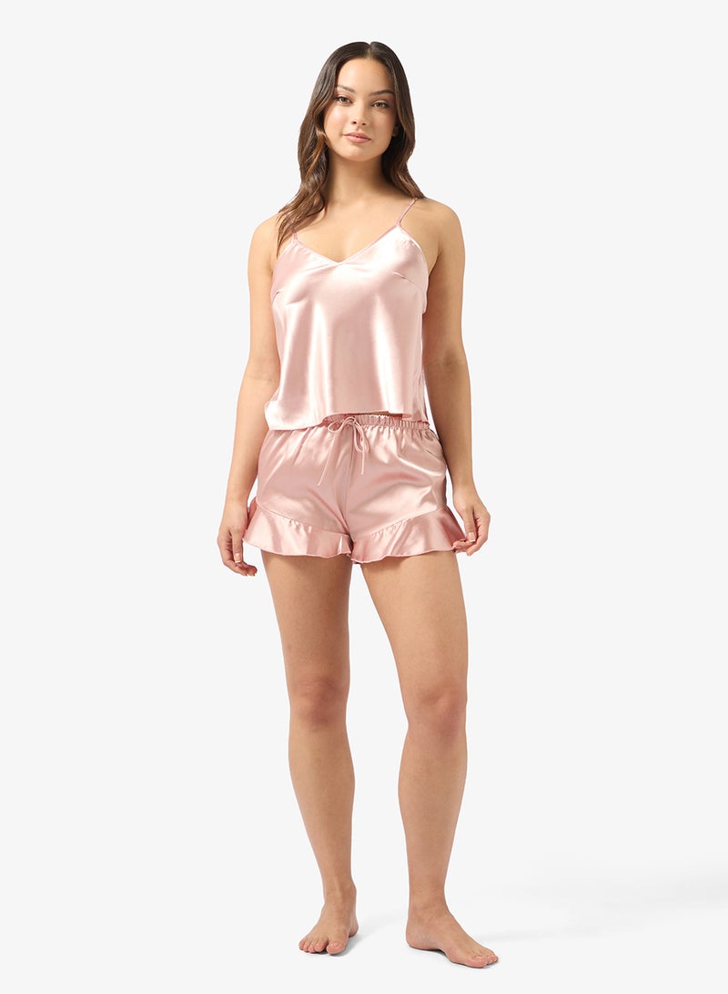 Ginger Satin Cami Top & Frill Detail Short Set - Image 1