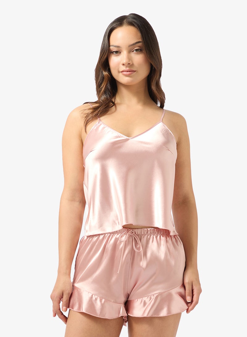 Ginger Satin Cami Top & Frill Detail Short Set - Image 3