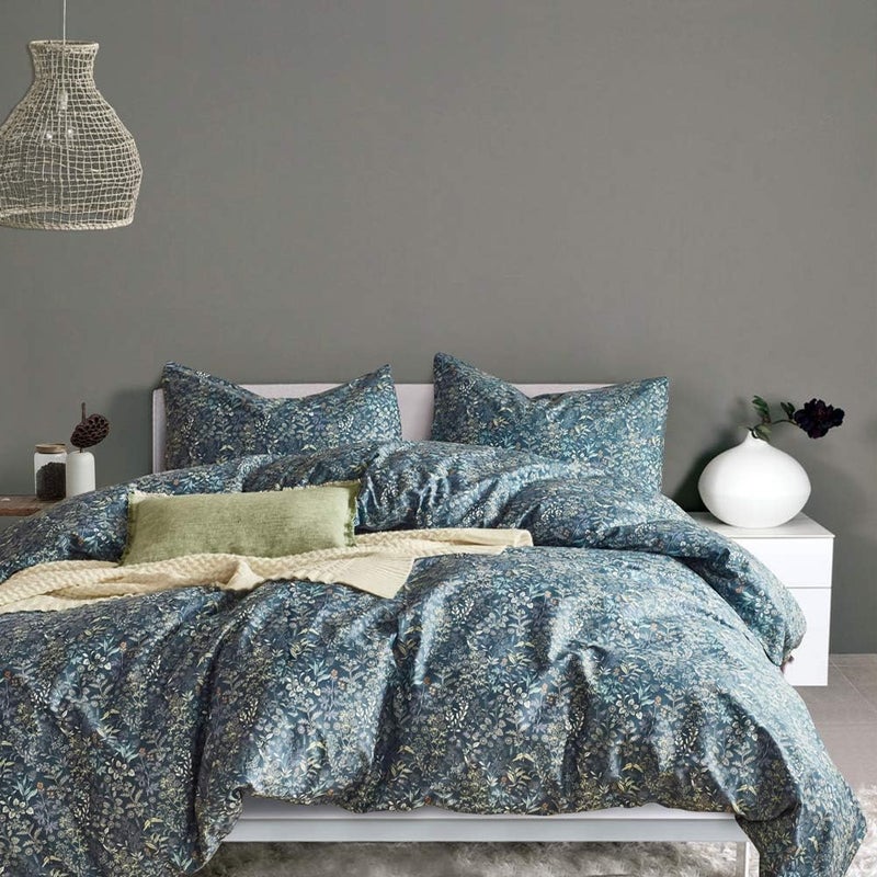 mixinni Blue Floral Duvet Cover King Size Cotton Bedding Set with Zipper Closure - Image 1