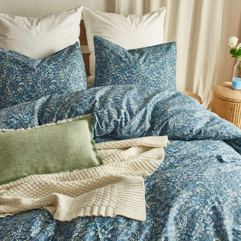 mixinni Blue Floral Duvet Cover King Size Cotton Bedding Set with Zipper Closure - Image 2