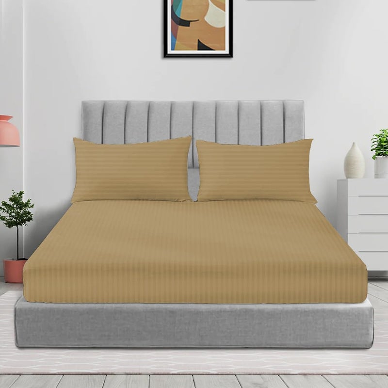 sleep well Microfiber Stripe Fitted Sheet with 2 Pillowcase Set - 150x200+17cm (Beige) - Image 1