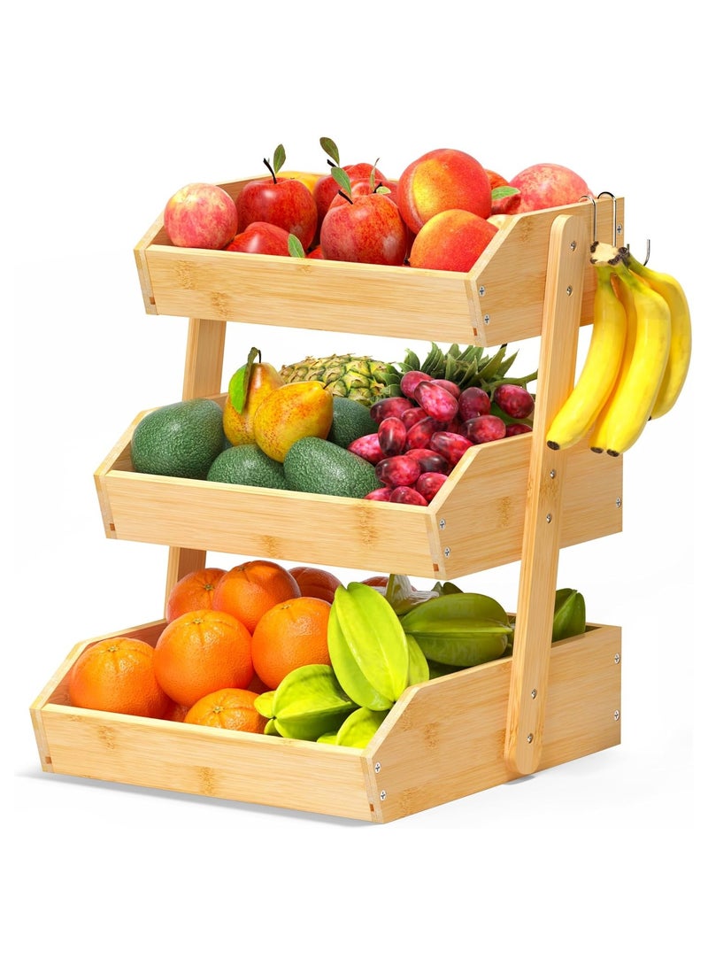 XICEN Bamboo 3 Tier Fruit Bowl, Large Fruit Holder With 2 Banana Hangers, Bread Basket, Snack Organizer for Home Kitchen - Image 1