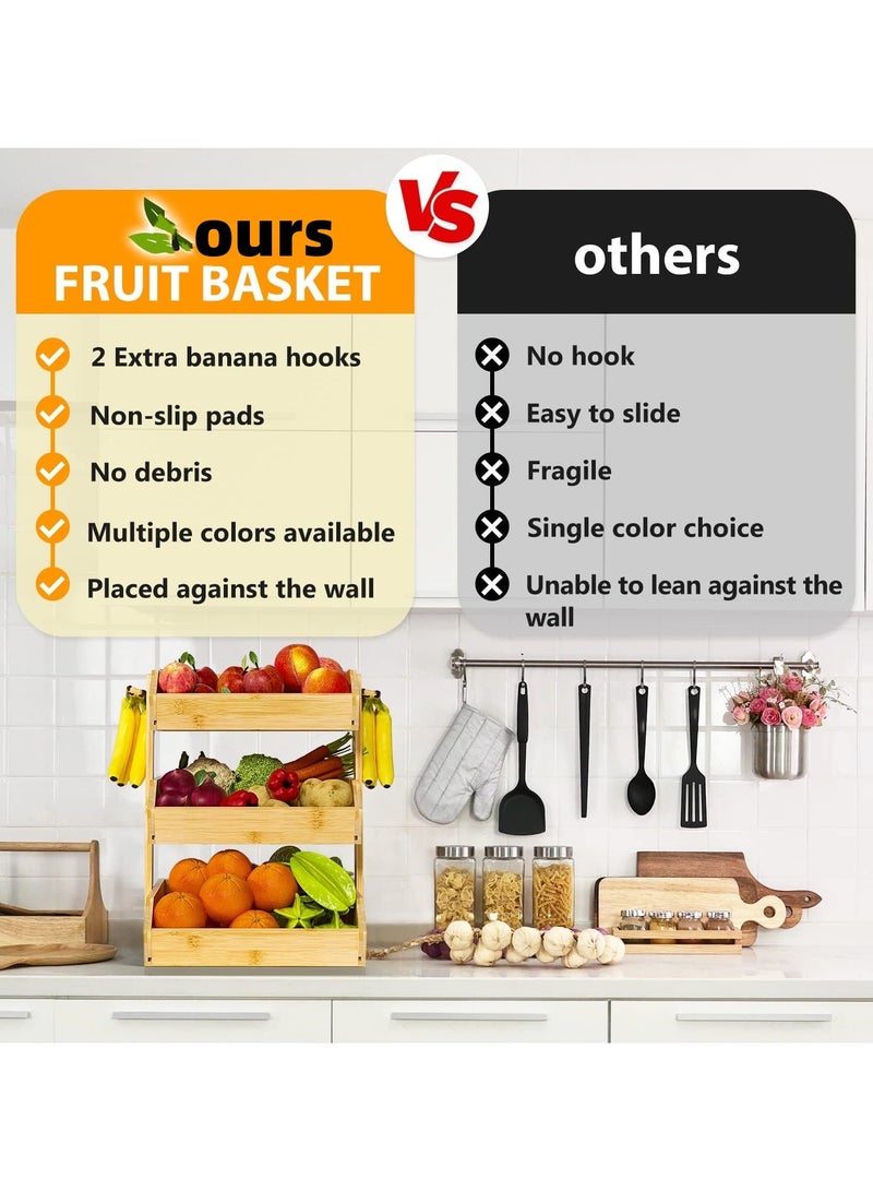 XICEN Bamboo 3 Tier Fruit Bowl, Large Fruit Holder With 2 Banana Hangers, Bread Basket, Snack Organizer for Home Kitchen - Image 5