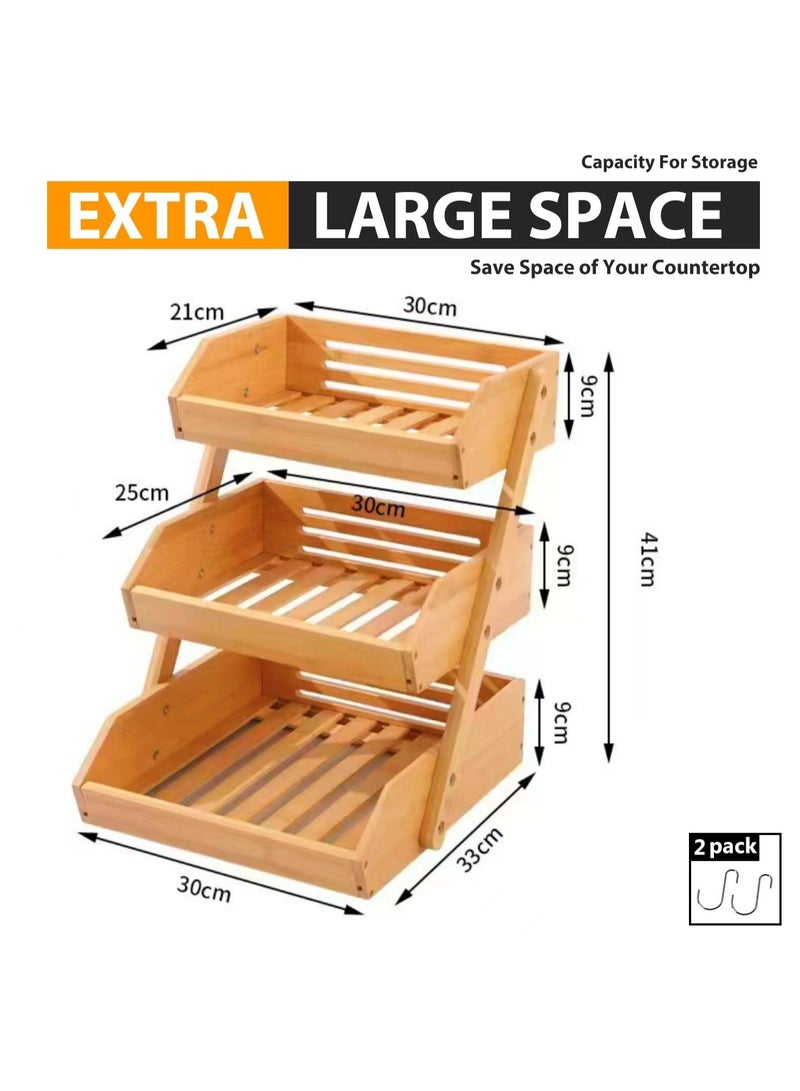 XICEN Bamboo 3 Tier Fruit Bowl, Large Fruit Holder With 2 Banana Hangers, Bread Basket, Snack Organizer for Home Kitchen - Image 4