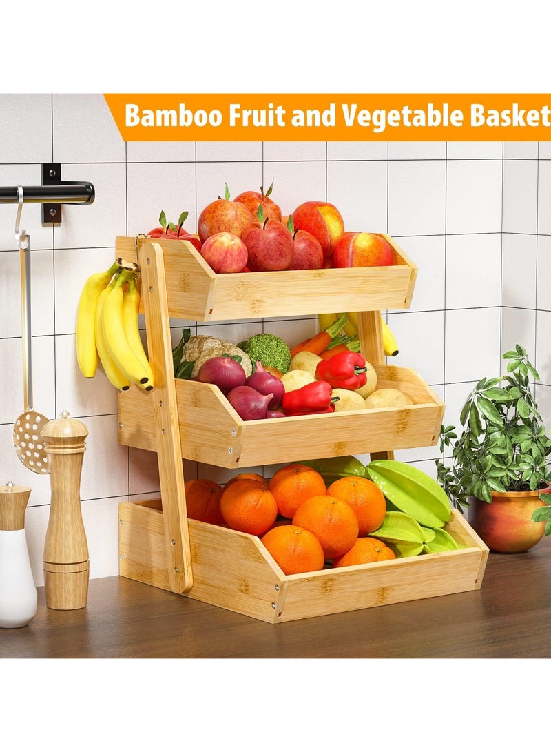 XICEN Bamboo 3 Tier Fruit Bowl, Large Fruit Holder With 2 Banana Hangers, Bread Basket, Snack Organizer for Home Kitchen - Image 2