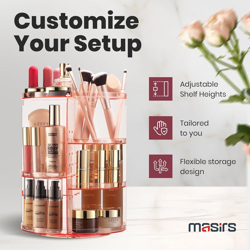 Masirs 360 Rotating Makeup Organizer - Adjustable Shelf Height and Fully Rotatable - The Perfect Round Spinning Cosmetic Organizer for Bedroom Dresser or Vanity Countertop Storage (Pink) - Image 3