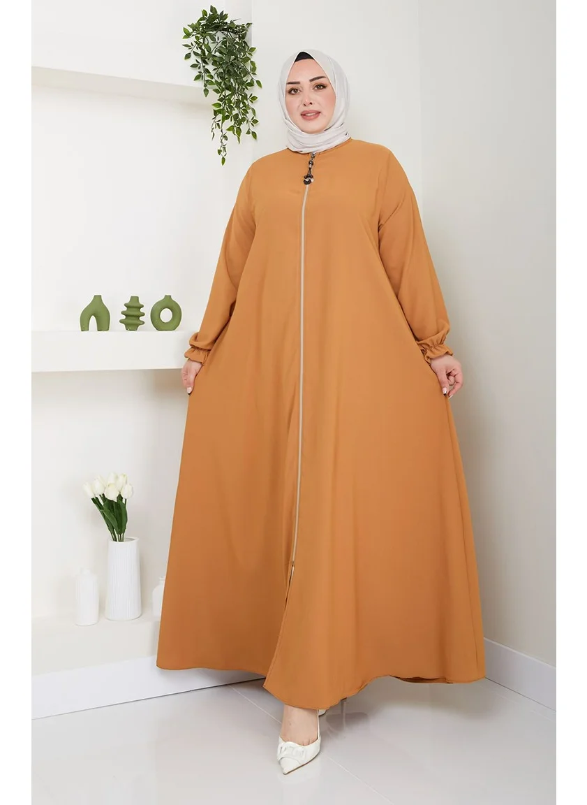 Sefa Merve Plus Size Medina Silk Zippered Abaya 0715-02 Mustard