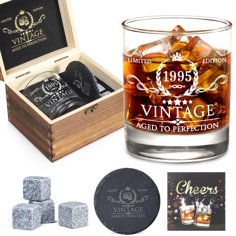 Aozita 30th Birthday Gifts for Men Whiskey Glass Set  30th Birthday Decorations Party Supplies  30 Year Anniversary Bday Gifts Ideas for Him Dad Husband Friends  Wood Box  Whiskey Stones  Coaster