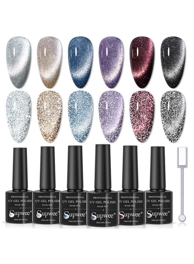 SUPWEE Reflective Glitter Cat Eye Gel Polish Sparkle Shiny Nail Polish Gel 6 Colors Magnetic Gel Nail Polish With Magnecti Stick Varnish Soak Off Uv Gel - Image 1