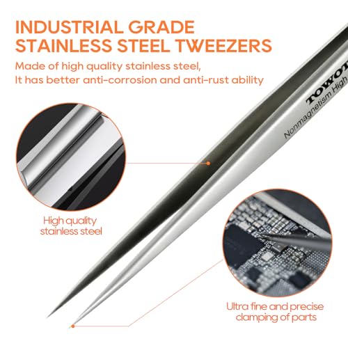 TOWOT Precision Tweezers, Stainless Steel Pointed Tweezers for Craft, Electronics, Soldering, Experimental Work, Jewelry-Making, Non-Magnetic Industrial Tweezers - Image 2