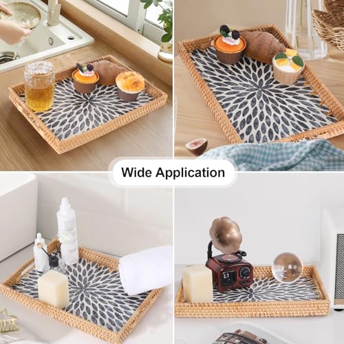 Tynulox Rectangle Rattan Tray with Mother of Pearl Inlay, Rattan Serving Tray with Handle for Coffee, Bread, Fruits, Snacks, Decorative Wicker Tray for Table Decor (Rectangle Black Leaf, 13"×9") - Image 2