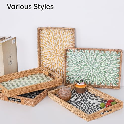 Tynulox Rectangle Rattan Tray with Mother of Pearl Inlay, Rattan Serving Tray with Handle for Coffee, Bread, Fruits, Snacks, Decorative Wicker Tray for Table Decor (Rectangle Black Leaf, 13"×9") - Image 4