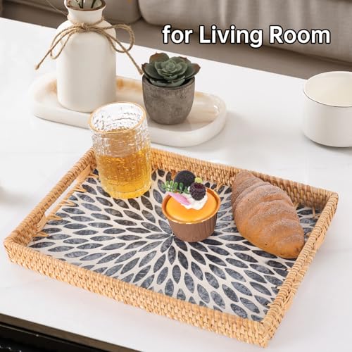 Tynulox Rectangle Rattan Tray with Mother of Pearl Inlay, Rattan Serving Tray with Handle for Coffee, Bread, Fruits, Snacks, Decorative Wicker Tray for Table Decor (Rectangle Black Leaf, 13"×9") - Image 5