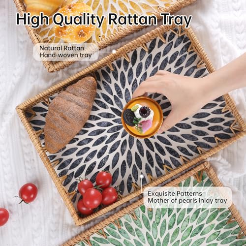 Tynulox Rectangle Rattan Tray with Mother of Pearl Inlay, Rattan Serving Tray with Handle for Coffee, Bread, Fruits, Snacks, Decorative Wicker Tray for Table Decor (Rectangle Black Leaf, 13"×9") - Image 3