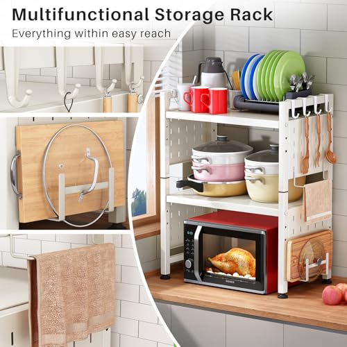 Kitstorack Microwave Stand, 3-Tier Expandable(17.4"-27.4") Microwave Oven Rack, Heavy Duty Adjustable Shelf with 9 hooks, Kitchen Organizer Storage Shelves for Pantry, Countertop, Coffee Bar, Office, Dorm, White - Image 2
