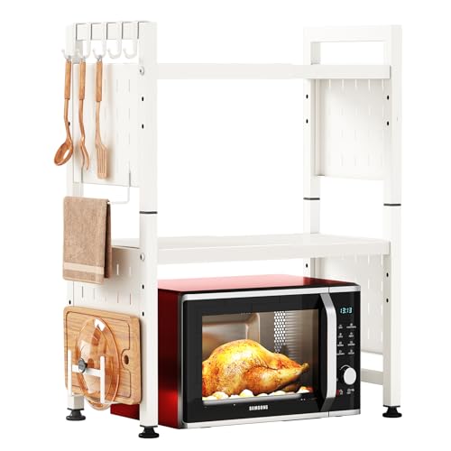 Kitstorack Microwave Stand, 3-Tier Expandable(17.4"-27.4") Microwave Oven Rack, Heavy Duty Adjustable Shelf with 9 hooks, Kitchen Organizer Storage Shelves for Pantry, Countertop, Coffee Bar, Office, Dorm, White - Image 1