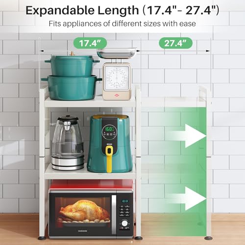 Kitstorack Microwave Stand, 3-Tier Expandable(17.4"-27.4") Microwave Oven Rack, Heavy Duty Adjustable Shelf with 9 hooks, Kitchen Organizer Storage Shelves for Pantry, Countertop, Coffee Bar, Office, Dorm, White - Image 3