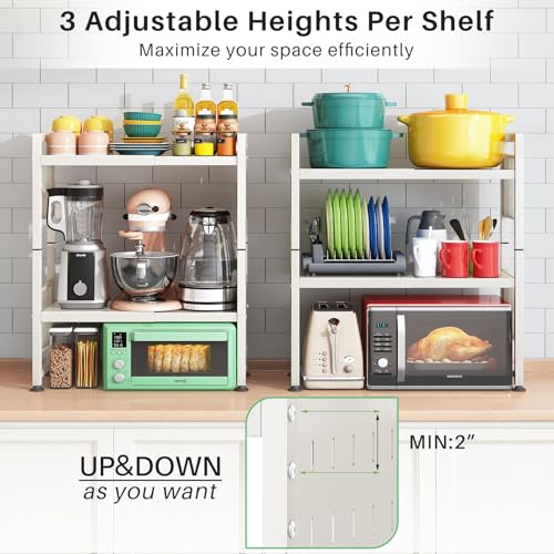 Kitstorack Microwave Stand, 3-Tier Expandable(17.4"-27.4") Microwave Oven Rack, Heavy Duty Adjustable Shelf with 9 hooks, Kitchen Organizer Storage Shelves for Pantry, Countertop, Coffee Bar, Office, Dorm, White - Image 4