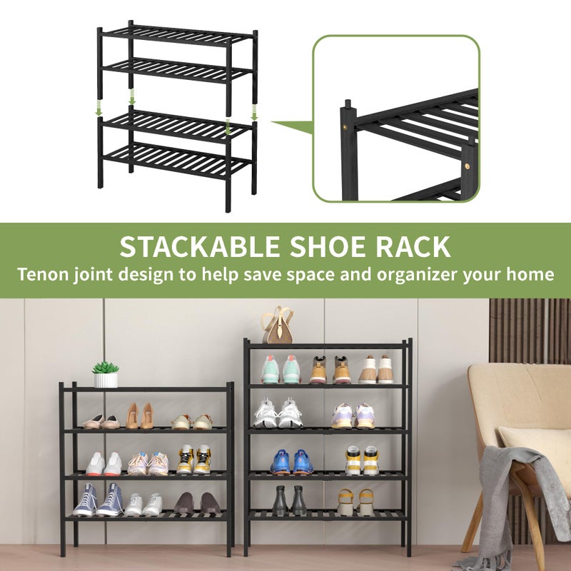 ROMGUAR CRAFT 4 Tier Bamboo Shoe Rack for Closet Free Standing Wood Shoe Shelf for Entryway Small Space Stackable 27"x11"x26" (Black) - Image 5