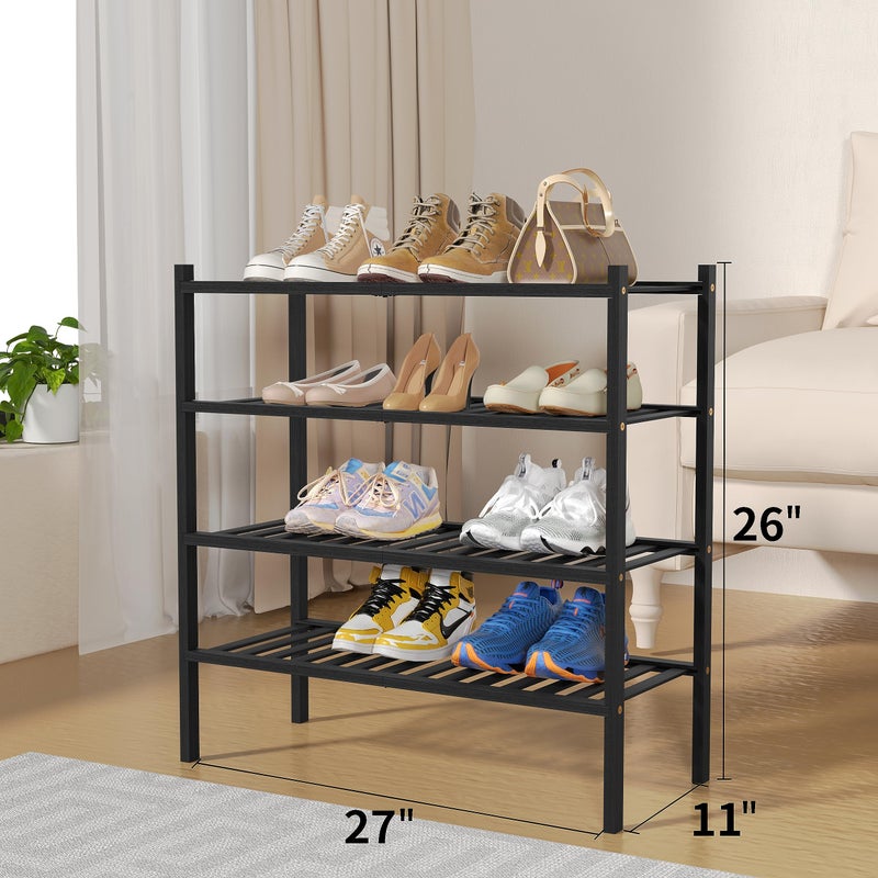 ROMGUAR CRAFT 4 Tier Bamboo Shoe Rack for Closet Free Standing Wood Shoe Shelf for Entryway Small Space Stackable 27"x11"x26" (Black) - Image 3
