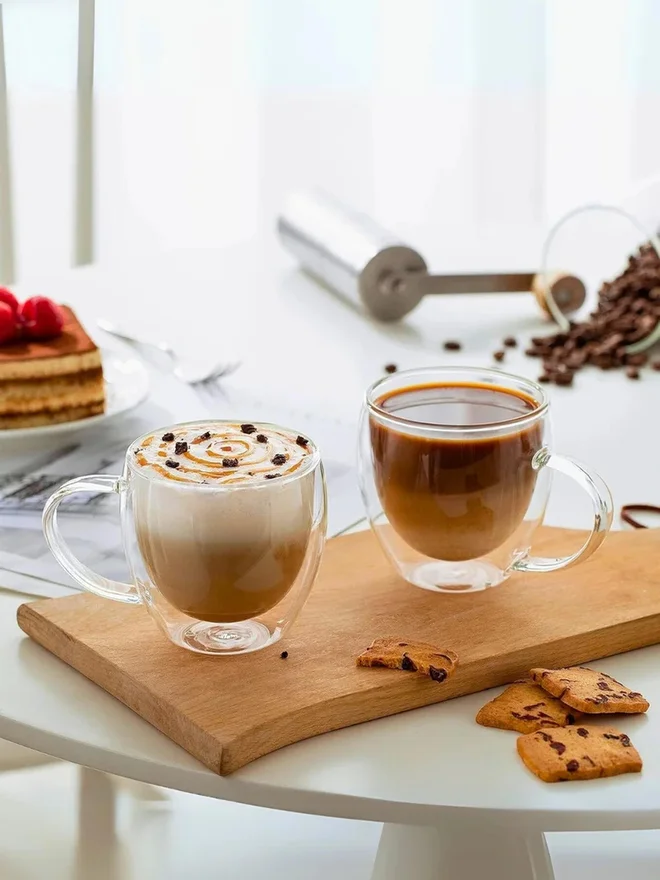 1 تشيس 1CHASE Set of 2 - Double Wall Glass Cups with Handle, 250ml