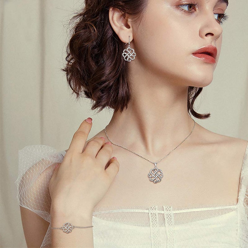 BriLove-Irish-Celtic-Knot-Jewelery Set 925 Sterling Silver Endless Love Vintage Hook Earrings Link Bracelet Pendant Necklace for Womens - Image 2