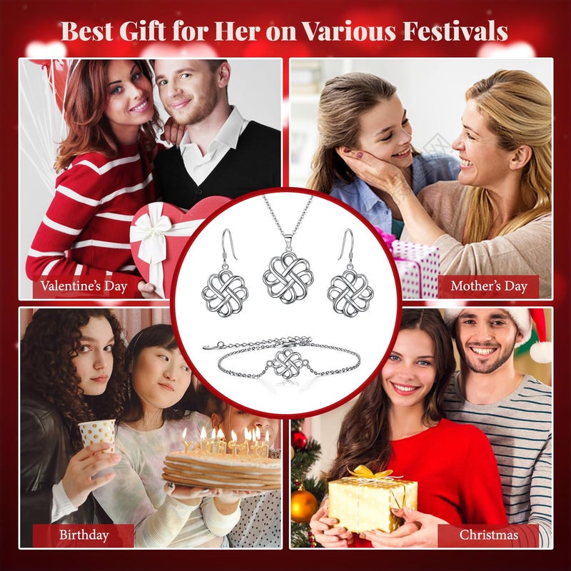 BriLove-Irish-Celtic-Knot-Jewelery Set 925 Sterling Silver Endless Love Vintage Hook Earrings Link Bracelet Pendant Necklace for Womens - Image 5