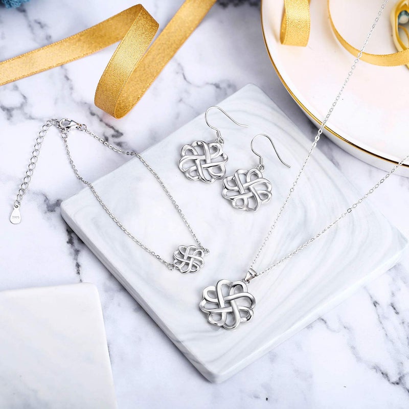 BriLove-Irish-Celtic-Knot-Jewelery Set 925 Sterling Silver Endless Love Vintage Hook Earrings Link Bracelet Pendant Necklace for Womens - Image 3