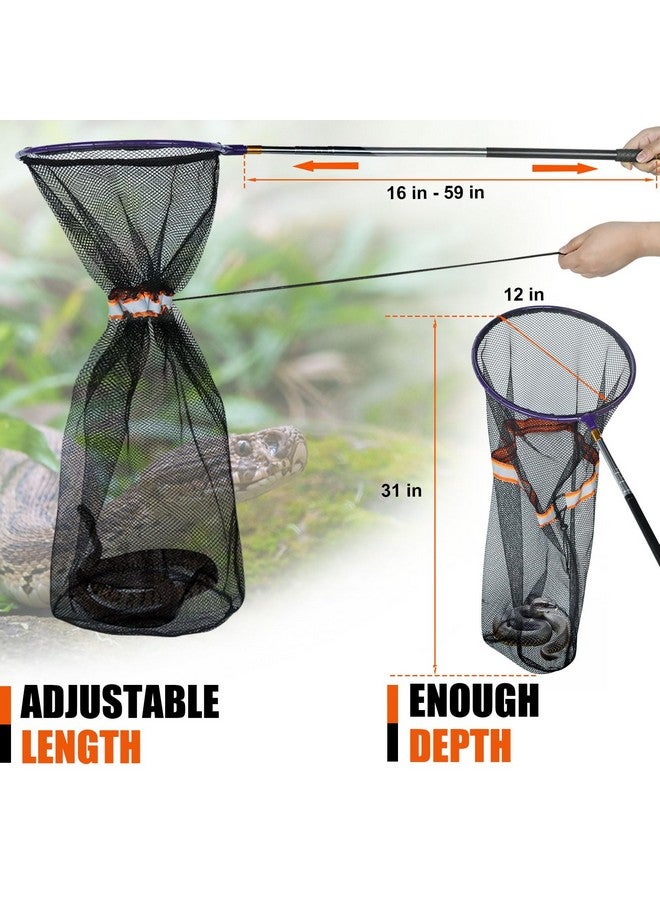 HOMEYA Snake Catcher Net with Secure Drawstring, Rattlesnake Grabber Tool, Reptile Catch Telescopic Pole, 16''-59'' Stainless Steel Extendable Snake Stick&12'' Net Opening for Rattle Snake Removing Catching  - Image 2