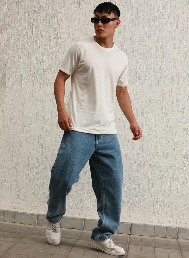 Hubberholme Men's Indigo 100% Cotton Bleached Full Length Loose Jeans - Image 1