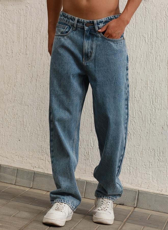 Hubberholme Men's Indigo 100% Cotton Bleached Full Length Loose Jeans - Image 2