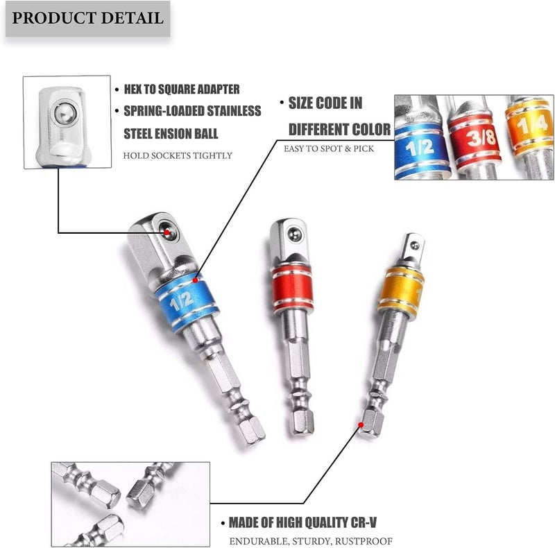 A AND S Tools A AND S TOOLS SHOP 3PcsSet Hex Drill Bit Socket Adapter Drive Electric Impact Driver 3 Size  - Image 3