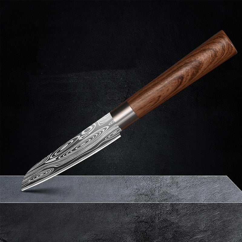 Leeonz سكين تقشير ليونز 35 بوصة بشفرة حادة للغاية مع نمط داماسكوس بالليزر ومقبض بلاستيك ABS مريح سكين قطع سكين تقشير للخضار والفواكه بني داكن - Image 1