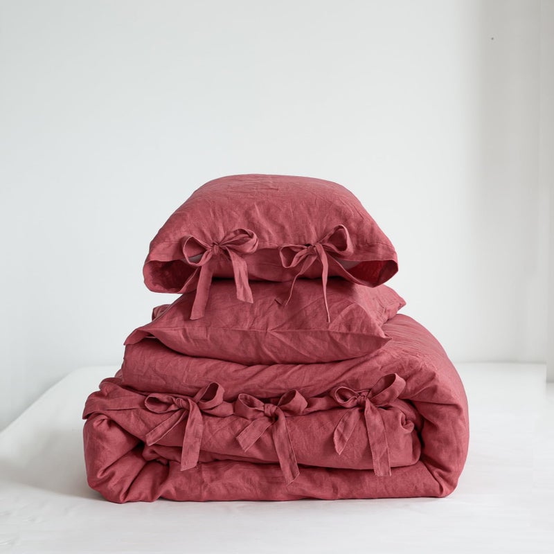 Simple&Opulence 100% French Linen Duvet Cover Set  3 Pieces Belgian Flax Breathable Bedding  Queen Size 88''X92'' (1 Comforter Cover+2 Pillowshams) With Tie Closure Style  Red - Image 1