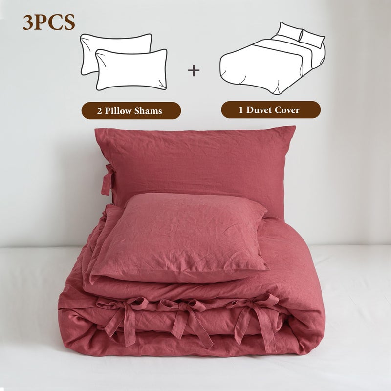 Simple&Opulence 100% French Linen Duvet Cover Set  3 Pieces Belgian Flax Breathable Bedding  Queen Size 88''X92'' (1 Comforter Cover+2 Pillowshams) With Tie Closure Style  Red - Image 5