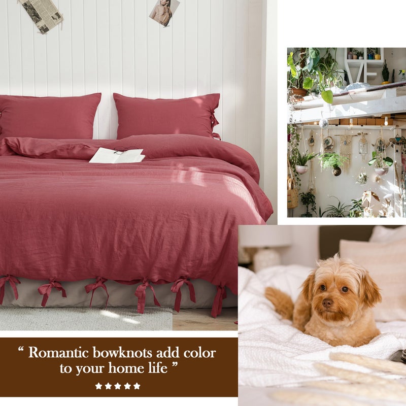 Simple&Opulence 100% French Linen Duvet Cover Set  3 Pieces Belgian Flax Breathable Bedding  Queen Size 88''X92'' (1 Comforter Cover+2 Pillowshams) With Tie Closure Style  Red - Image 4