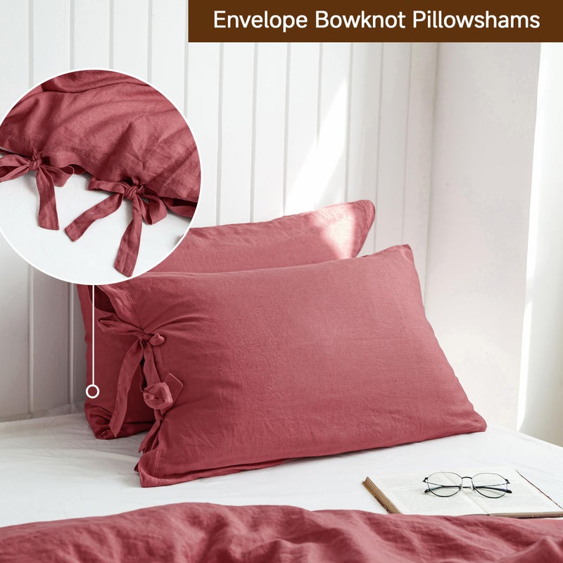 Simple&Opulence 100% French Linen Duvet Cover Set  3 Pieces Belgian Flax Breathable Bedding  Queen Size 88''X92'' (1 Comforter Cover+2 Pillowshams) With Tie Closure Style  Red - Image 3