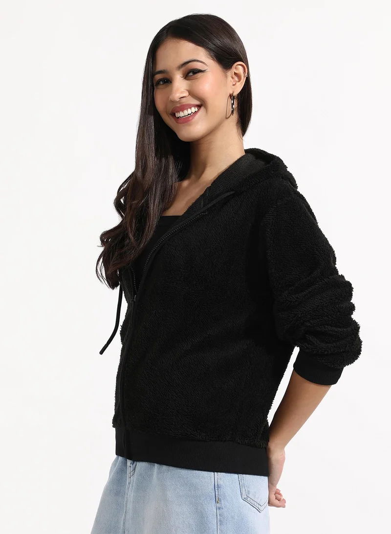 كامبوس سوترا Women's Black Fleece Hoodie With Zip-Closure