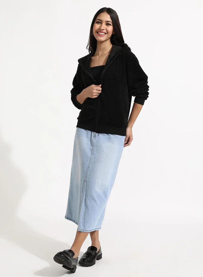 كامبوس سوترا Women's Black Fleece Hoodie With Zip-Closure