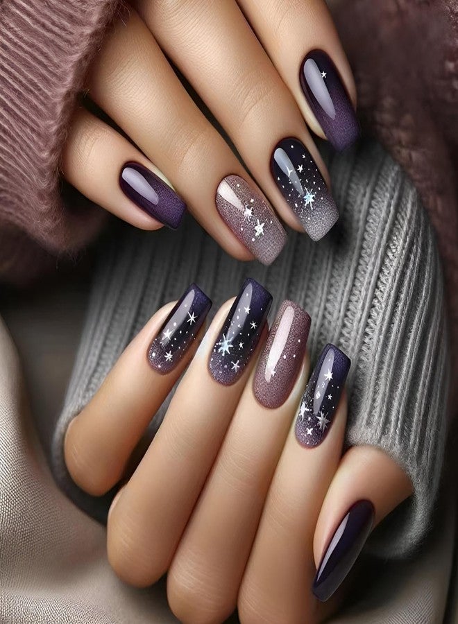 winthrop Press On Nails Medium Length Square Fake Nails, Fashion Starry Night Sky Glitter Acrylic Full Cover False Nails Set, Natural Perfectly Reusable Stick On Nails Suitable for Women Girls - Image 1