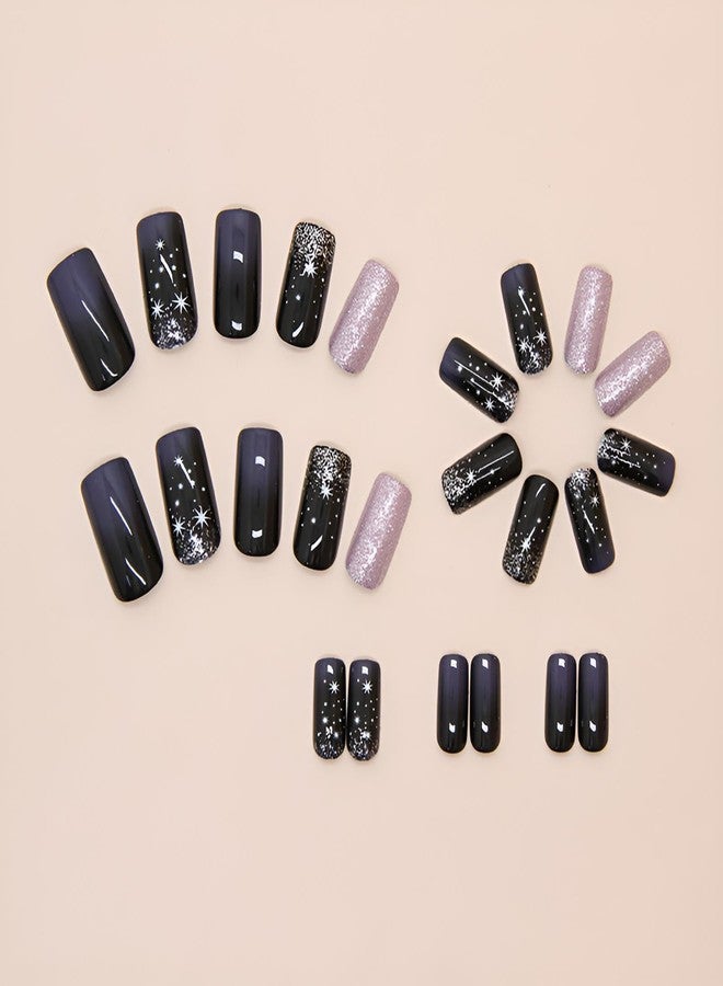 winthrop Press On Nails Medium Length Square Fake Nails, Fashion Starry Night Sky Glitter Acrylic Full Cover False Nails Set, Natural Perfectly Reusable Stick On Nails Suitable for Women Girls - Image 4