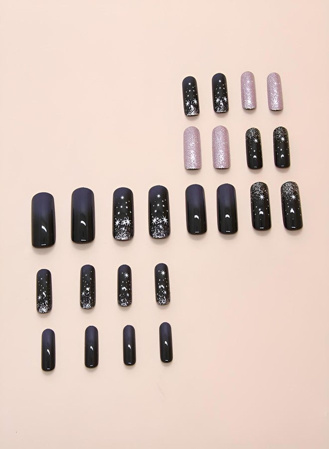 winthrop Press On Nails Medium Length Square Fake Nails, Fashion Starry Night Sky Glitter Acrylic Full Cover False Nails Set, Natural Perfectly Reusable Stick On Nails Suitable for Women Girls - Image 3