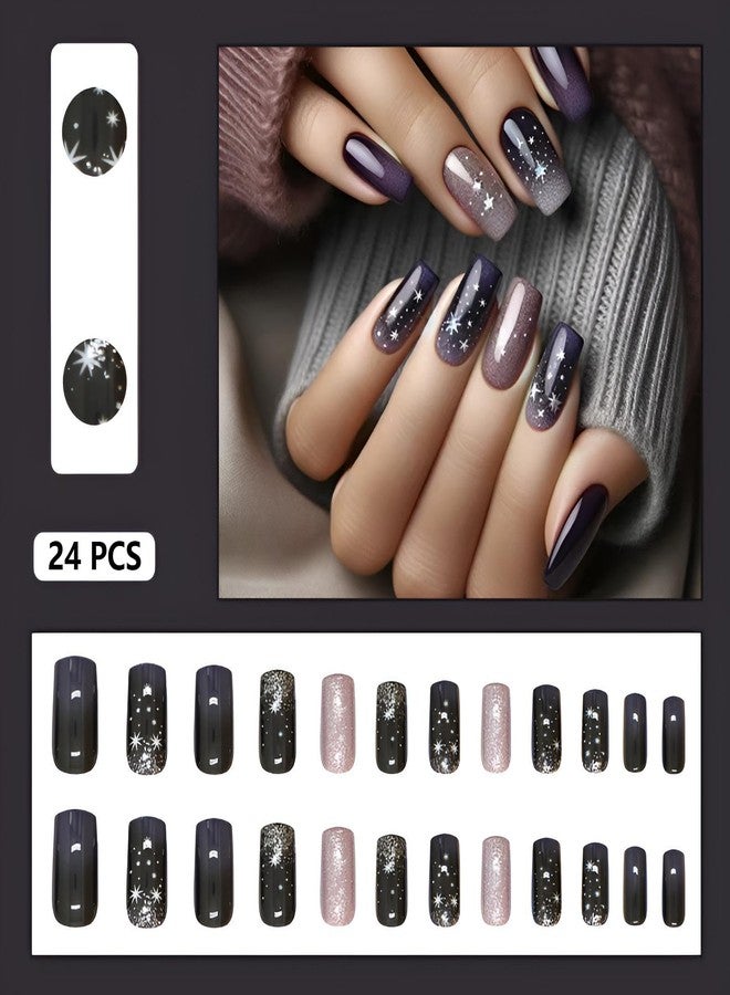 winthrop Press On Nails Medium Length Square Fake Nails, Fashion Starry Night Sky Glitter Acrylic Full Cover False Nails Set, Natural Perfectly Reusable Stick On Nails Suitable for Women Girls - Image 2