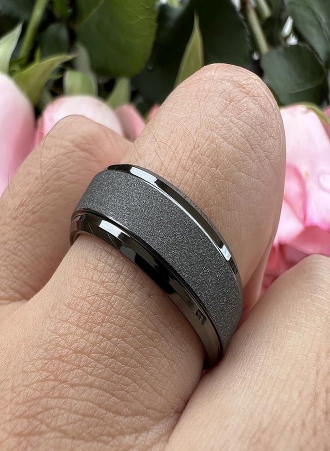 TUTISS 8mm Black Tungsten Rings for Men Women Promise Engagement Wedding Bands Sandblasted Finish Stepped Beveled Edges Comfort Fit Size 11.5 - Image 5