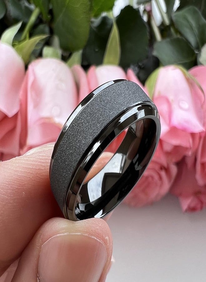 TUTISS 8mm Black Tungsten Rings for Men Women Promise Engagement Wedding Bands Sandblasted Finish Stepped Beveled Edges Comfort Fit Size 11.5 - Image 4