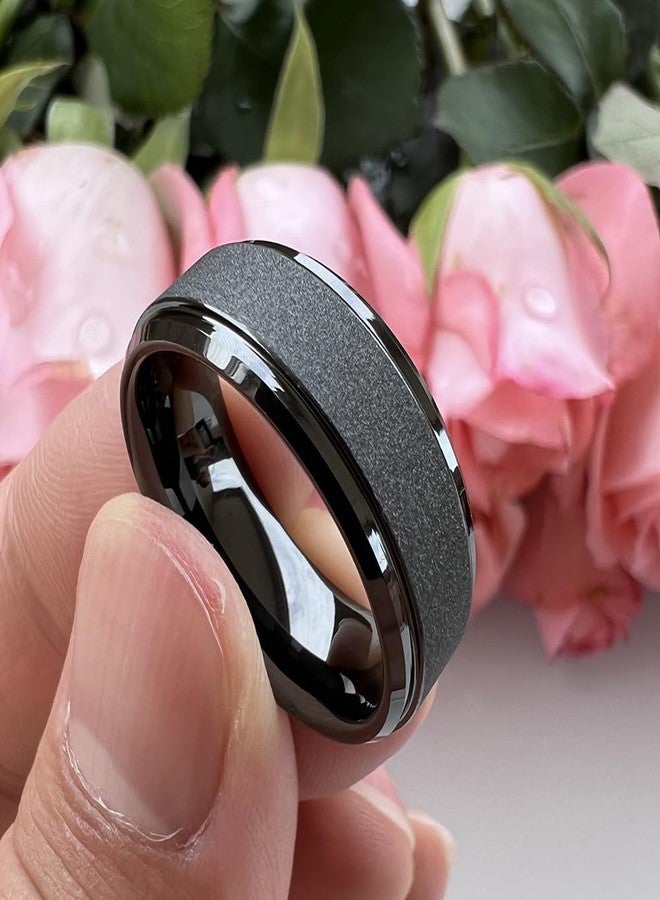 TUTISS 8mm Black Tungsten Rings for Men Women Promise Engagement Wedding Bands Sandblasted Finish Stepped Beveled Edges Comfort Fit Size 11.5 - Image 2